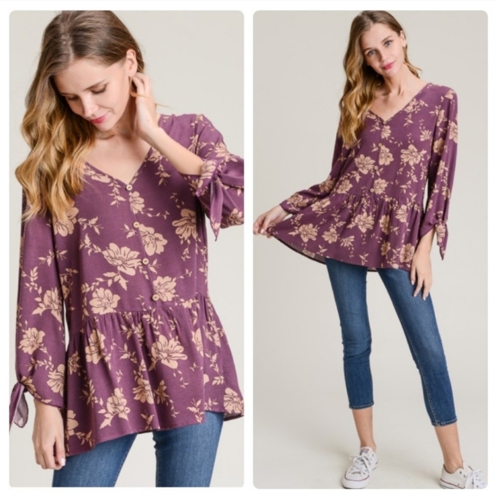 Button Front Tie Sleeve Peplum Hem Burgundy Cream Floral Top Size Small New